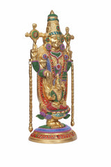 Rear-angled view of multicolour Tirupati Balaji brass idol with Lakshmi details