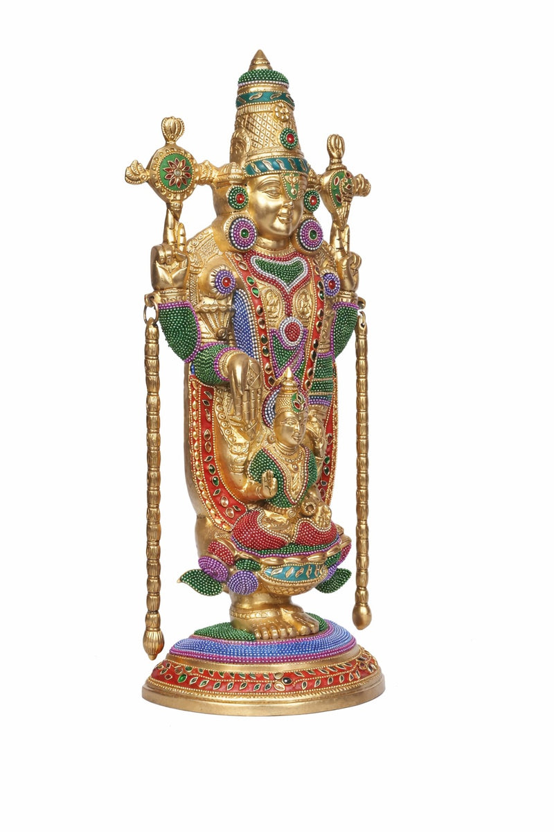 Rear-angled view of multicolour Tirupati Balaji brass idol with Lakshmi details