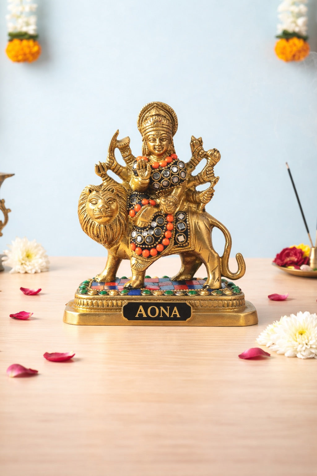 AONA Brass Durga Maa with Lion Idol – Sherawali Mata Rani Statue for Home Temple Décor & Pooja Figurine