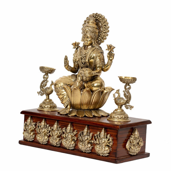 Superfine Brass Goddess Lakshmi Idol with Ashtalakshmi Design on Wooden Base, Featuring Peacock Oil Lamps – Decorative Statue for Home, Office & Puja Temple (Height :10 Inches) Study Setting