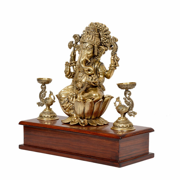 Superfine Brass Lord Ganesha Idol on Wooden Base with Peacock Oil Lamps – Elegant Decorative Statue for Home, Office, Mandir & Pooja (Height :10 Inches) Study Setting