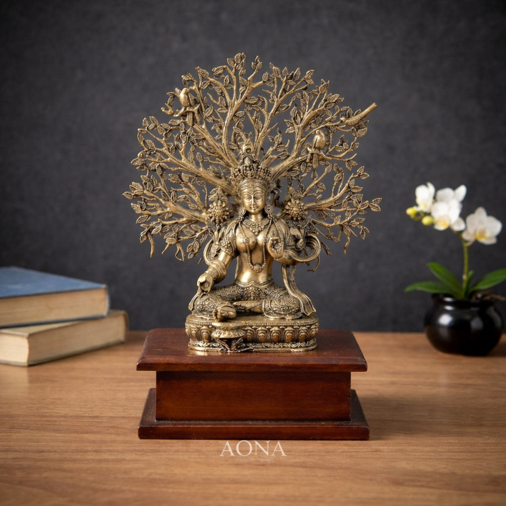 AONA Superfine Brass Tara Devi Statue on Wooden Base – Tibetan Buddhist Deity for Home & Office Décor, Elegant Spiritual Gift Option 