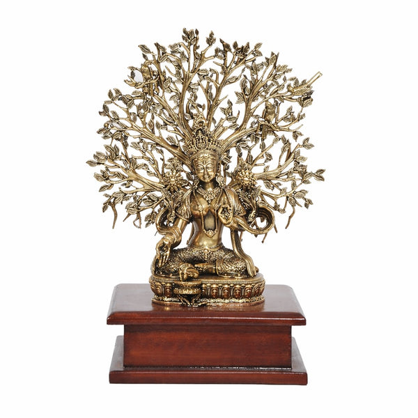 Superfine Brass Tara Devi Statue on Wooden Base – Tibetan Buddhist Deity for Home & Office Décor, Elegant Spiritual Gift Option (Height :8 Inches) Entryway Setting