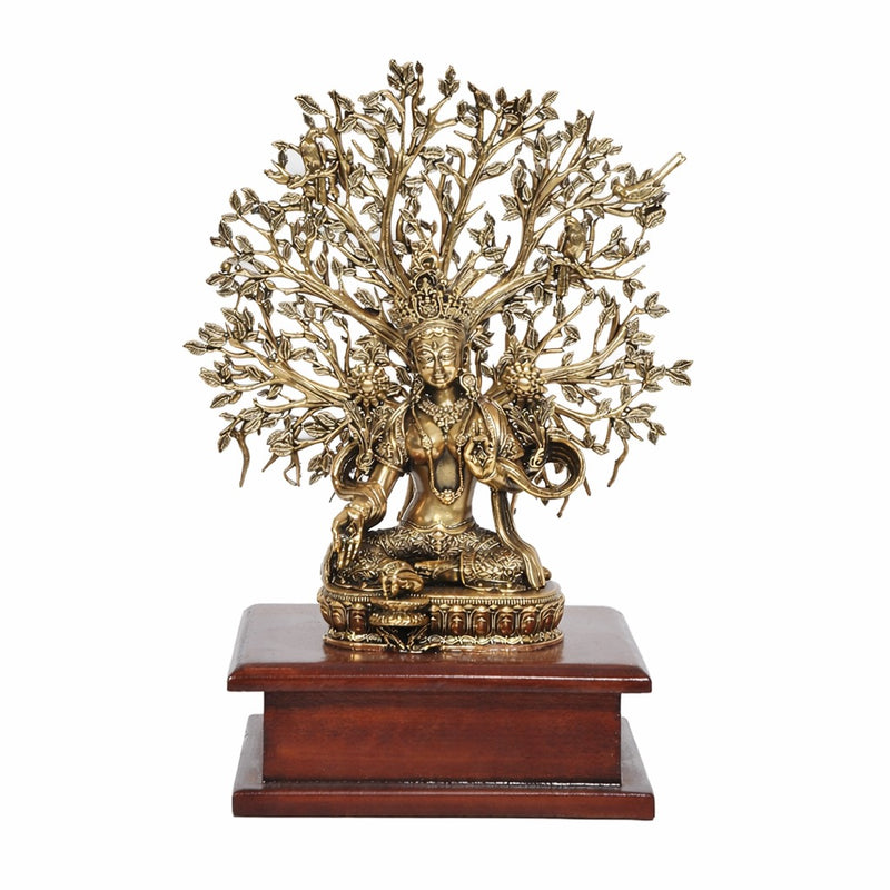 Brass Tara Devi seated statue with radiating tree canopy on wooden base