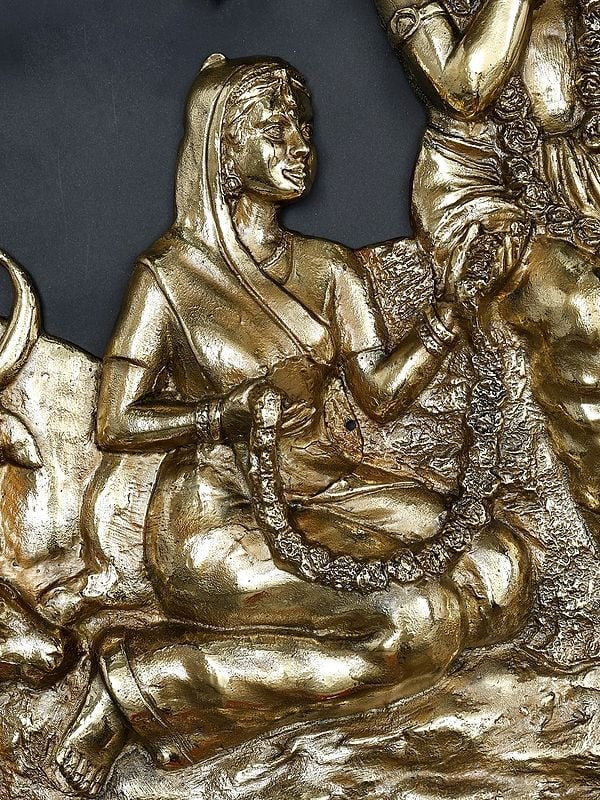 Brass Radha Krishna Seated Under The Tree Wall Hanging (Height: 6 Foot)