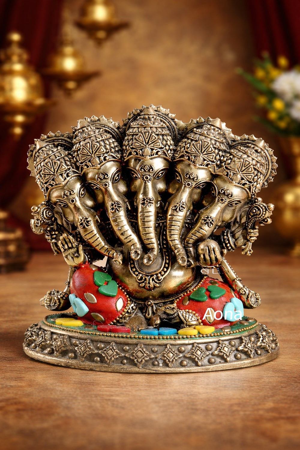 Superfine Brass Panchmukhi Ganesha Idol – Five-Faced Ganesha with Meenakari Work (Height :4.2 Inches)