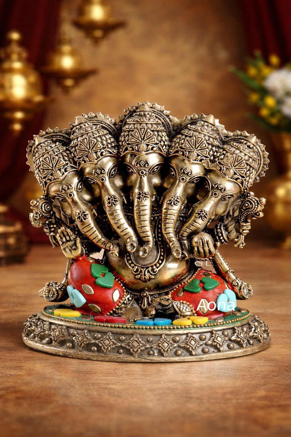 Superfine brass Panchmukhi Ganesha idol, five faces, colorful meenakari base, 4.2 in