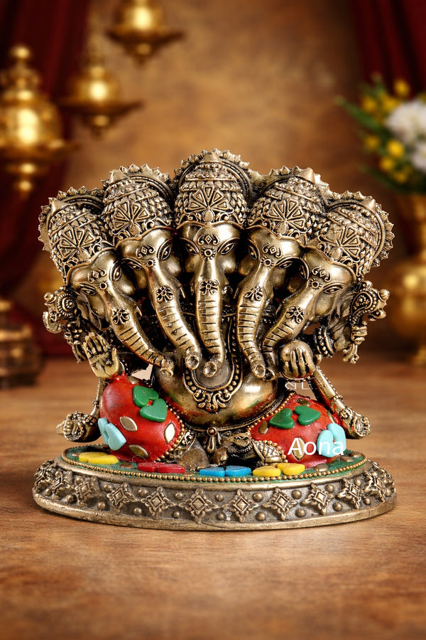 Superfine Brass Panchmukhi Ganesha Idol – Five-Faced Ganesha with Meenakari Work (Height :4.2 Inches)