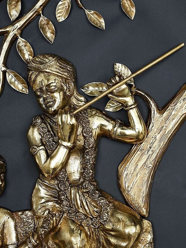 Brass Radha Krishna Seated Under The Tree Wall Hanging (Height: 6 Foot)