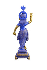 Krishna brass statue with blue-purple patina, back view with raised conch-hand, on base