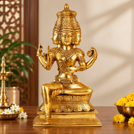 Big Brass Lord Brahma Ji Murti Statue for Temple, Puja, Home & Living Room Décor, Hindu Deity Idol, Religious Figurine, Decorative Showpiece & Gift Item (Height: 16 Inches)