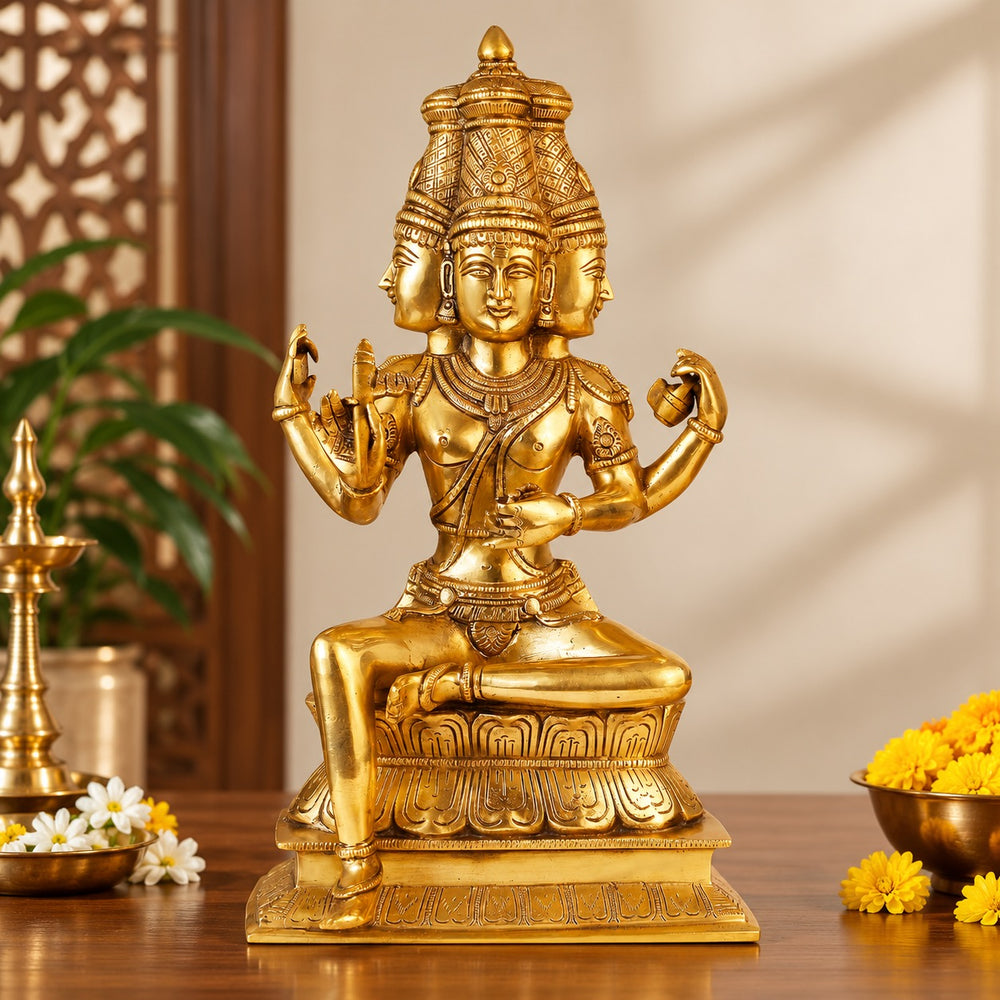 Big Brass Lord Brahma Ji Murti Statue for Temple, Puja, Home & Living Room Décor, Hindu Deity Idol, Religious Figurine, Decorative Showpiece & Gift Item (Height: 16 Inches)