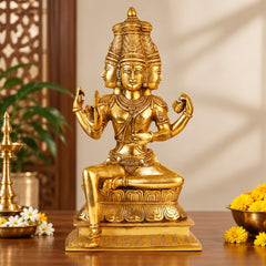Brass deity statue on base, seated posture with multi-armed hand mudras