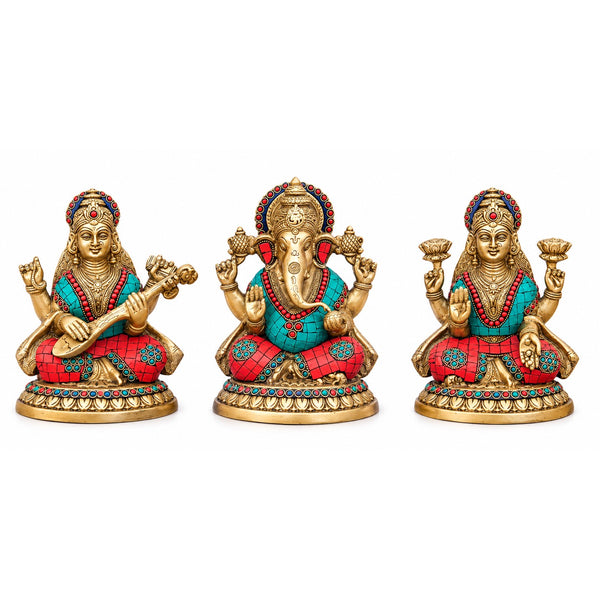Brass Ganesha Laxmi Saraswati Idol Set | Hindu God Statues for Home Temple, Pooja Room, Office Décor & Diwali Gifting (Height: 8 Inches) Entryway Setting