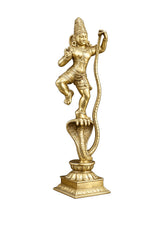 Krishna brass idol with raised arms holding a staff, golden finish on pedestal