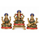 Brass Lakshmi Ganesh Saraswati Statue Set – Hindu Deity Idols for Wealth, Wisdom & Good Fortune (Height: 6 Inches)