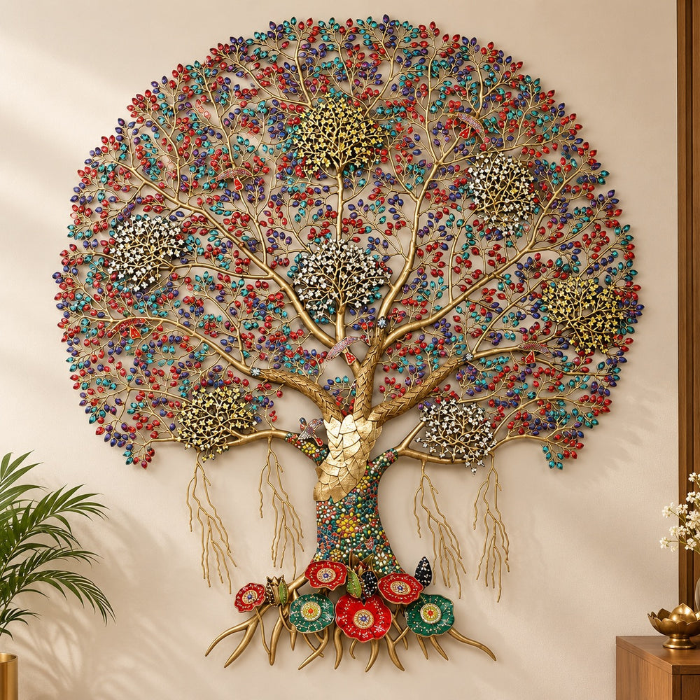 Large Brass Tree of Life Wall Art with Vibrant Inlay Work | Decorative Nature-Inspired Wall Hanging for Home & Office Décor (Height: 76 Inches)