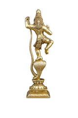Krishna statue side view, golden brass finish, holding a curved staff, detailed jewelry