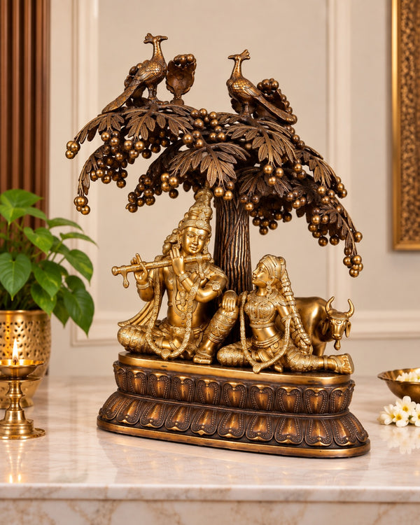 Brass Radha Krishna with Cow & Tree Wall Art | Traditional Decorative Wall Hanging for Home & Pooja Décor (Height: 24 Inches)