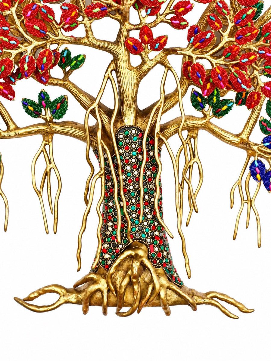 Brass Handcrafted Kalpavriksha Tree Statue with Detailed Inlay Work (Height: 24.41 Inches) Craft Detail