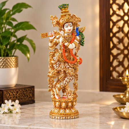 Marble Lord Krishna Flute-Playing Standing Idol for Home, Office, Hotel & Entrance Décor (Height:14 Inches)