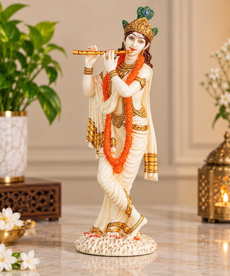 Marble Shri Krishna Playing Flute Idol | Standing Kanha Murti for Home, Temple, Office & Gifting (Height:10 Inches)