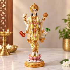 Dhanvantari resin idol statue on lotus pedestal with raised hands and ornate attire