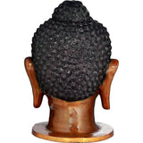 Brass Buddha head idol back view, textured curly hair on dark head with ears