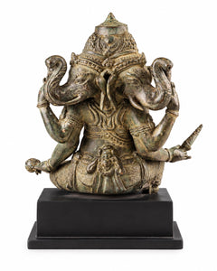 Bronze Antique-Style Indonesian Three-Faced Ganesha Idol (Height: 12 Inches)