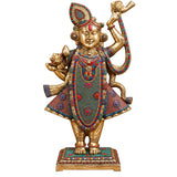 Exquisite Brass Shreenathji Idol with Intricate Stonework & Gold Finish (Height: 31.5 Inches)