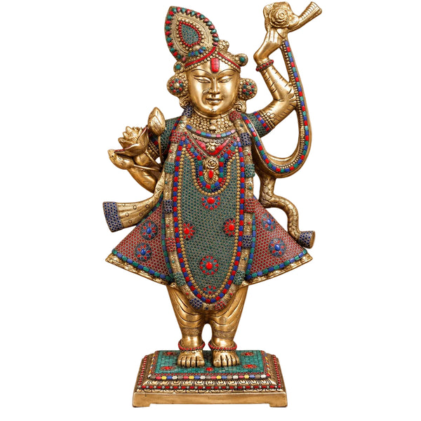 Exquisite Brass Shreenathji Idol with Intricate Stonework & Gold Finish (Height: 31.5 Inches) Entryway Setting