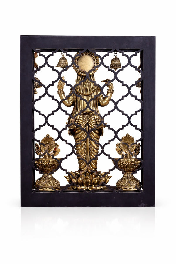 Superfine Brass Lord Vishnu Idol with Shankh–Chakra Diyas & Hanging Bells (Height :12 Inches) Study Setting
