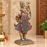 Exquisite Brass Shreenathji Idol with Intricate Stonework & Gold Finish (Height: 31.5 Inches)