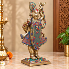 Brass Shreenathji idol three-quarter view with raised hand, multicolor jeweled robe, on base.