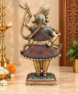 Exquisite Brass Shreenathji Idol with Intricate Stonework & Gold Finish (Height: 31.5 Inches)