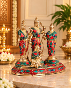 Pure Brass Ram Darbar Idol Set | Floral Stonework | Handcrafted Ram Darbar Statues (Height:7 Inches)