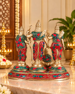 Pure Brass Ram Darbar Idol Set | Floral Stonework | Handcrafted Ram Darbar Statues (Height:7 Inches)