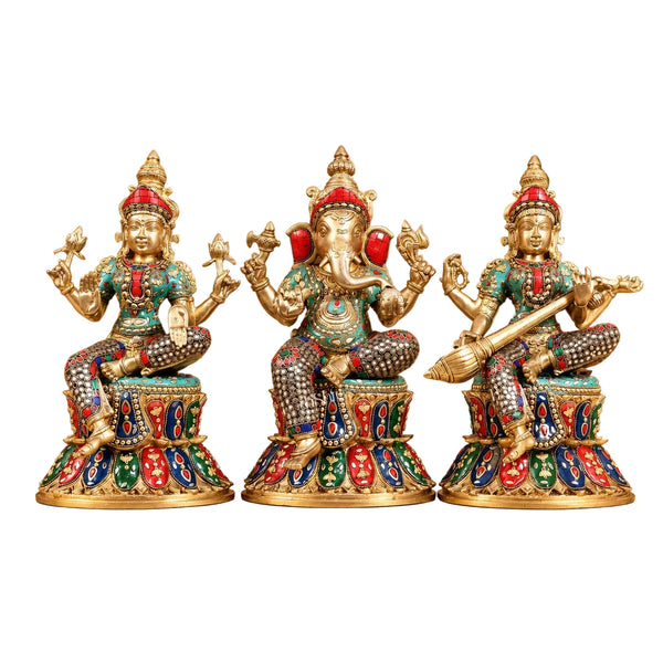 Brass Ganesha, Lakshmi & Saraswati Idol Set on Lotus Base | Handcrafted Divine Trio (Height: 15 Inches) Entryway Setting