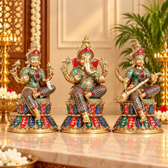 Brass Ganesha, Lakshmi & Saraswati Idol Set on Lotus Base | Handcrafted Divine Trio (Height: 15 Inches)