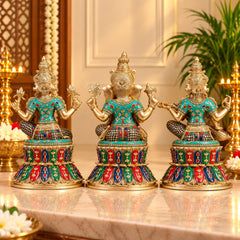 Brass Ganesha, Lakshmi & Saraswati Idol Set on Lotus Base | Handcrafted Divine Trio (Height: 15 Inches)