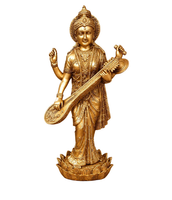 Brass Standing Maa Saraswati Murti | Handcrafted Goddess Saraswati Statue (Height: 24 Inches) Entryway Setting