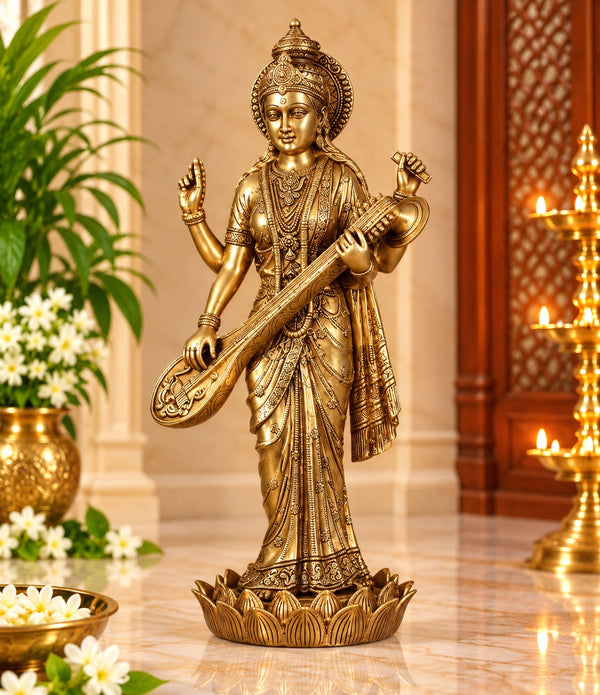 Brass Standing Maa Saraswati Murti | Handcrafted Goddess Saraswati Statue (Height: 24 Inches) Study Setting