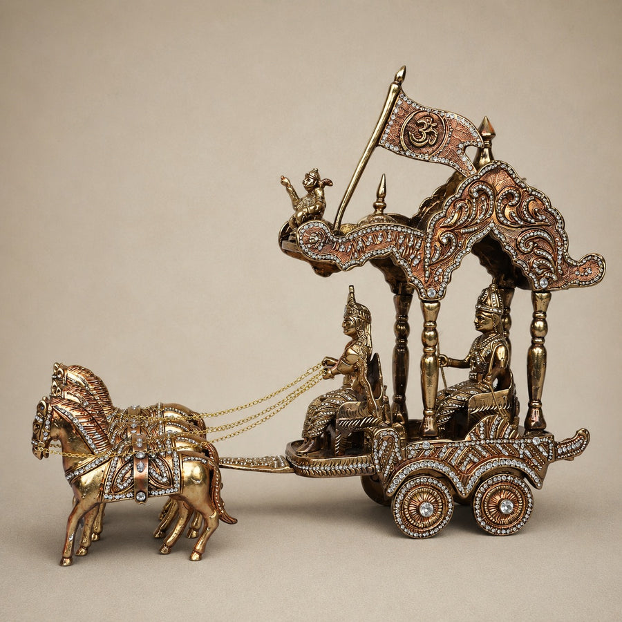 Brass Handcrafted Arjuna Rath Krishna Sculpture – Copper-Coated Brass with Crystal Detailing (Height:14 Inches) Craft Detail
