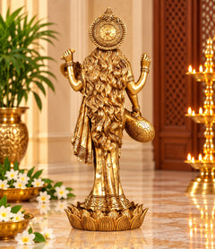 Brass Maa Saraswati statue back view with long hair, veena at side, 24 in