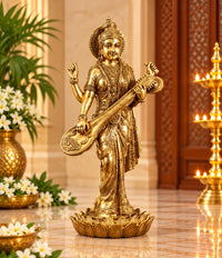 Brass Maa Saraswati statue standing, holding veena with raised hands, 24 in