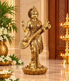 Brass Maa Saraswati statue standing, holding veena with raised hands, 24 in