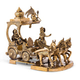 Brass Krishna Arjuna chariot sculpture, seated figures on carriage with four horses