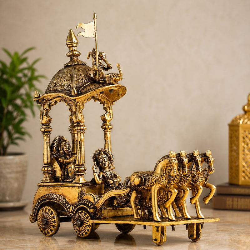 Brass Krishna Arjuna Rath Sculpture (Height:15 Inches)