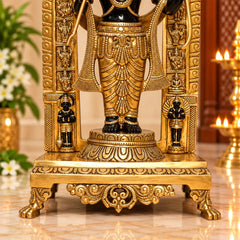 Gold-finish Ram Lalla idol base and pedestal with ornate relief and feet