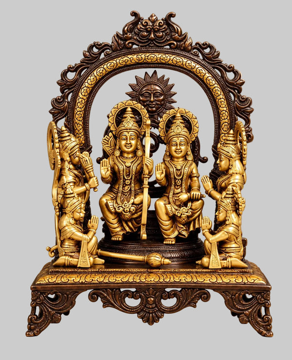 Premium Brass Ram Darbar Idol with Lord Ram, Goddess Sita, Lakshman & Hanuman | Traditional Golden Temple Decor (Height: 16.5 Inches) Entryway Setting